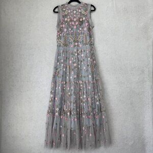 Tolani Dress Womens Small Gray Blue Embroidered Floral Mesh Tulle Maxi Lined